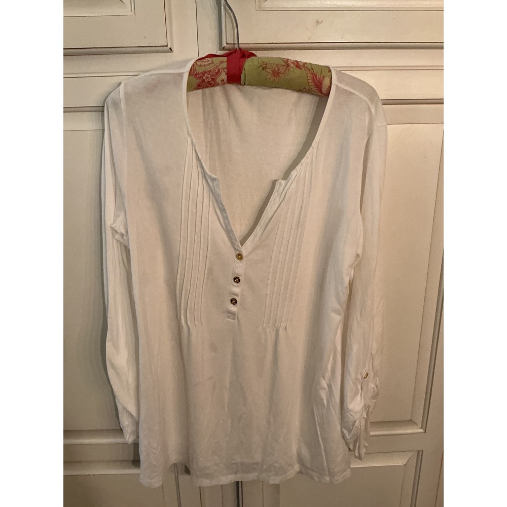 Lilly Pulitzer White Pima Cotton Pintuck Roll Tab Sleeve Henley Top Large